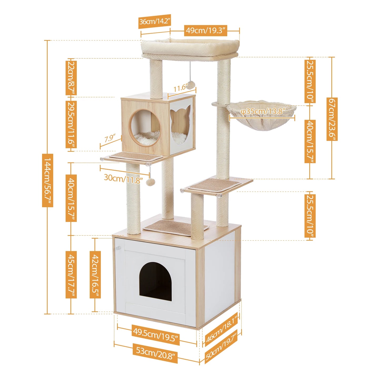 PEQULTIC Cat Tree Tower with Litter Box and Hammock