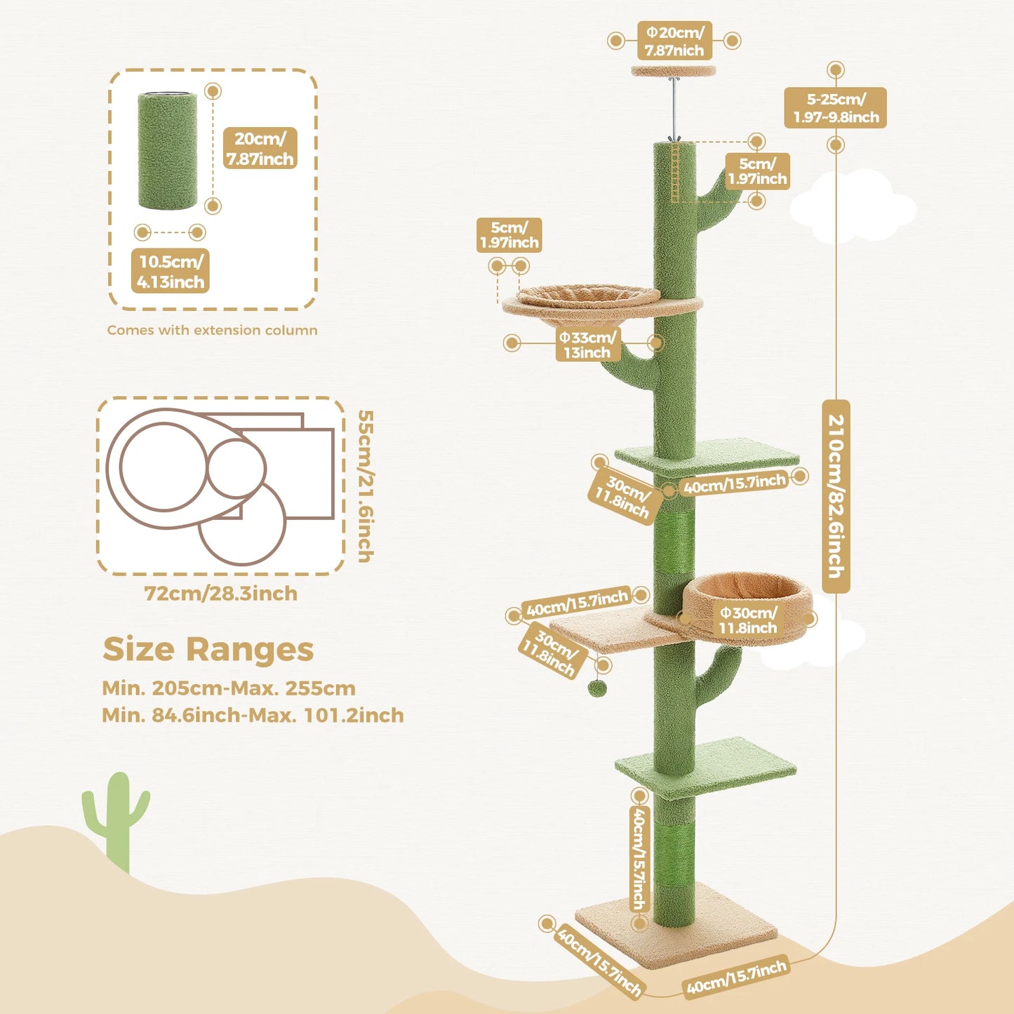 PEQULTICN Adjustable Height Cactus Cat Tree Floor Ceiling