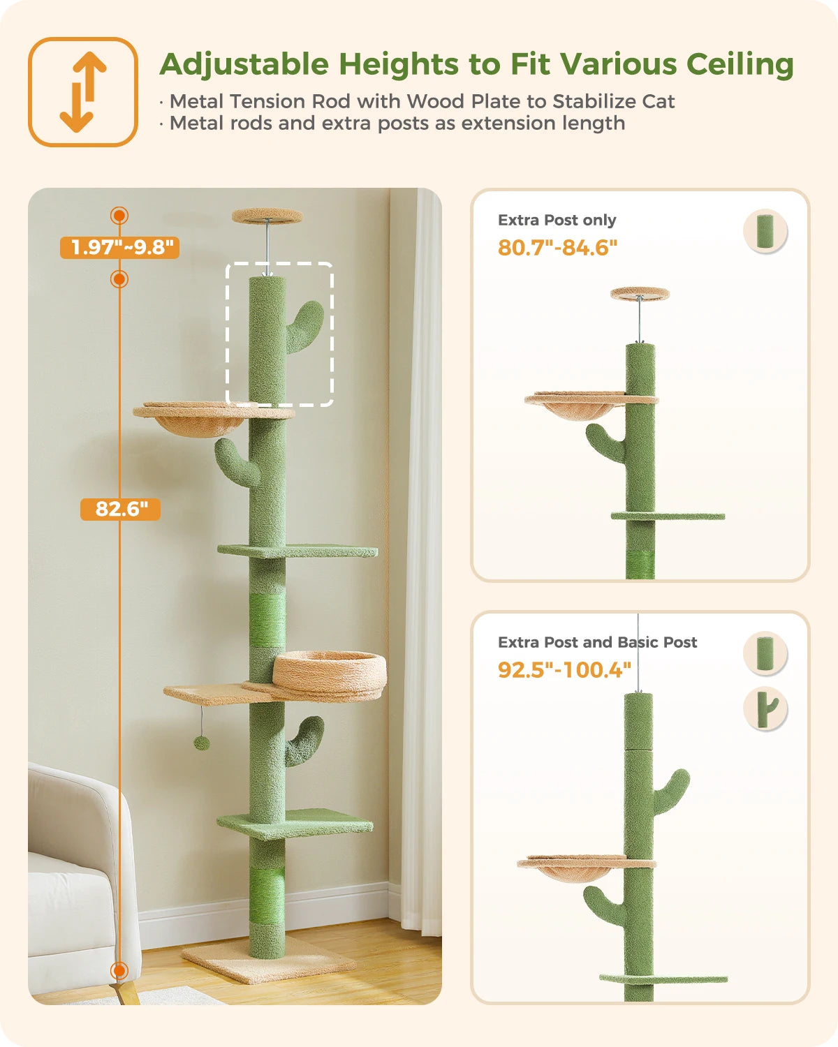 PEQULTICN Adjustable Height Cactus Cat Tree Floor Ceiling