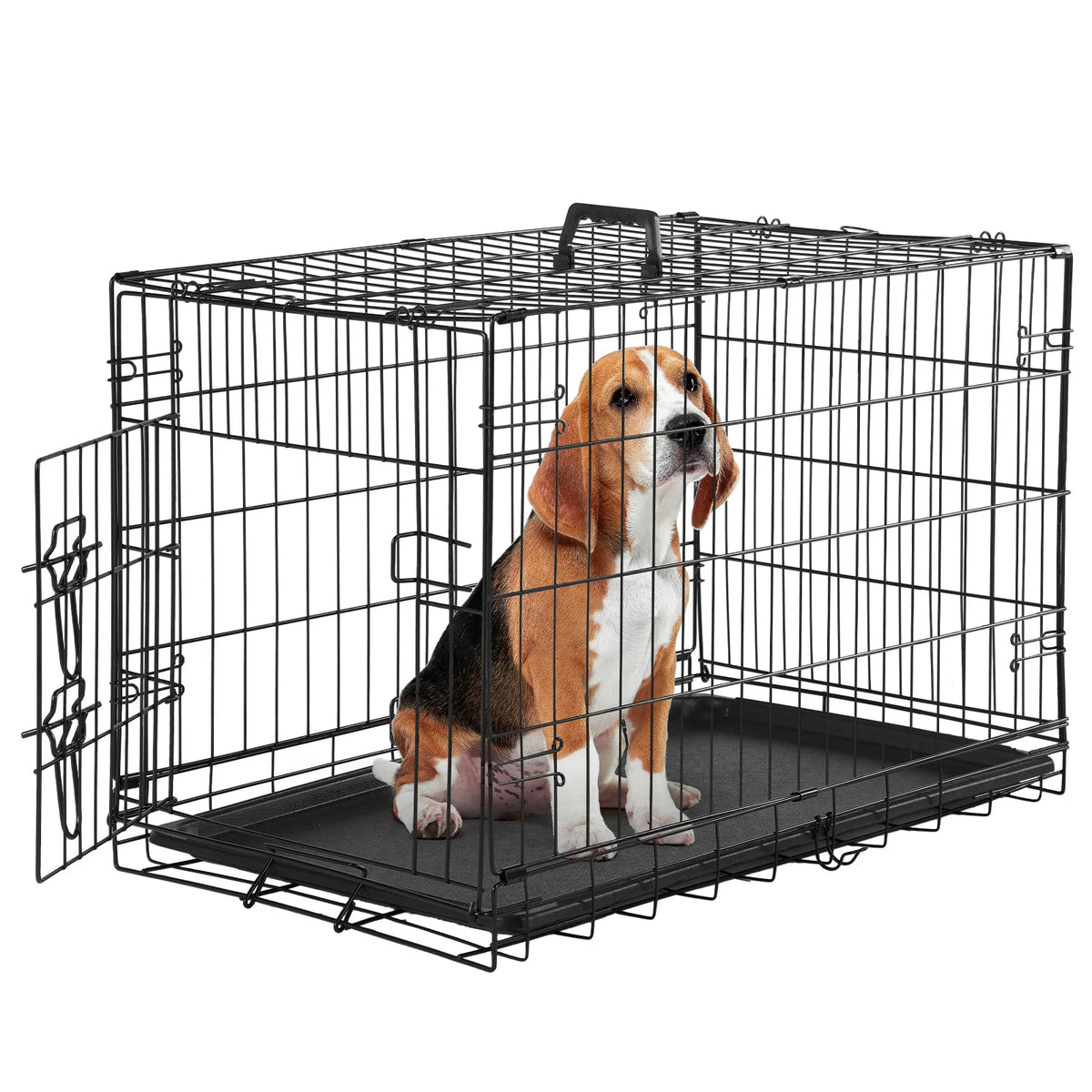 JHK 30 Inch Single Door Folding Wire Metal Dog Kennel with Pan Tray