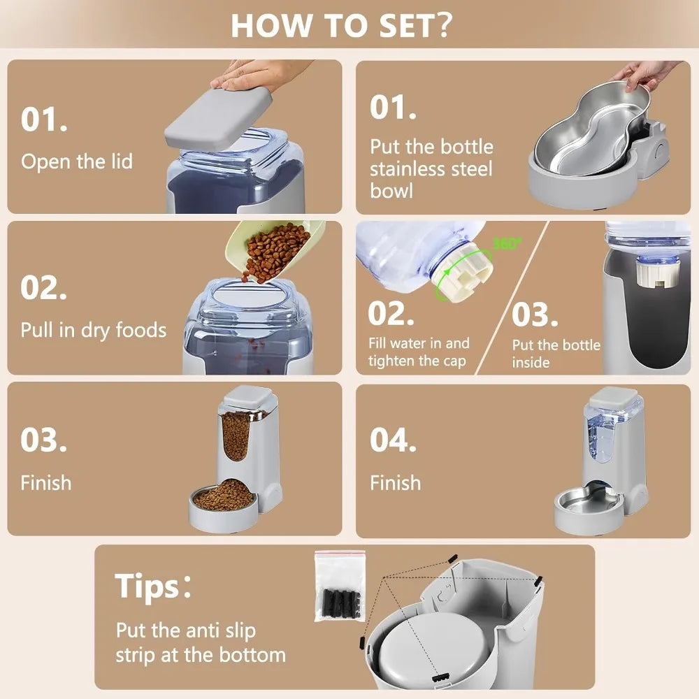 Automatic Cat Feeder And Water Dispenser With Stainless Steel Bowl