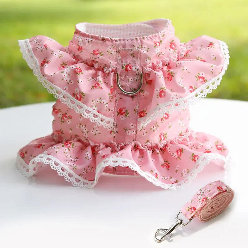 Dog Cat Harness Leash Set Adjustable Floral Printed Lace Vest
