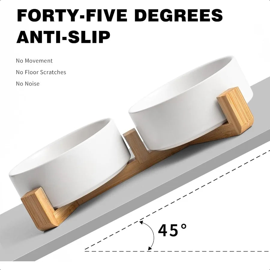 Hign Concerned Ceramic Dog Cat Bowl Set With Wooden Stand