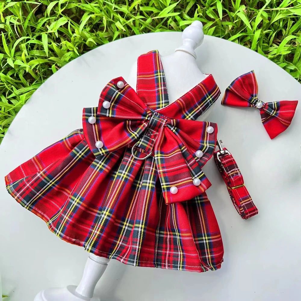 NONECN JK-Style Checkered Pet Dress With Bow Tie Harness