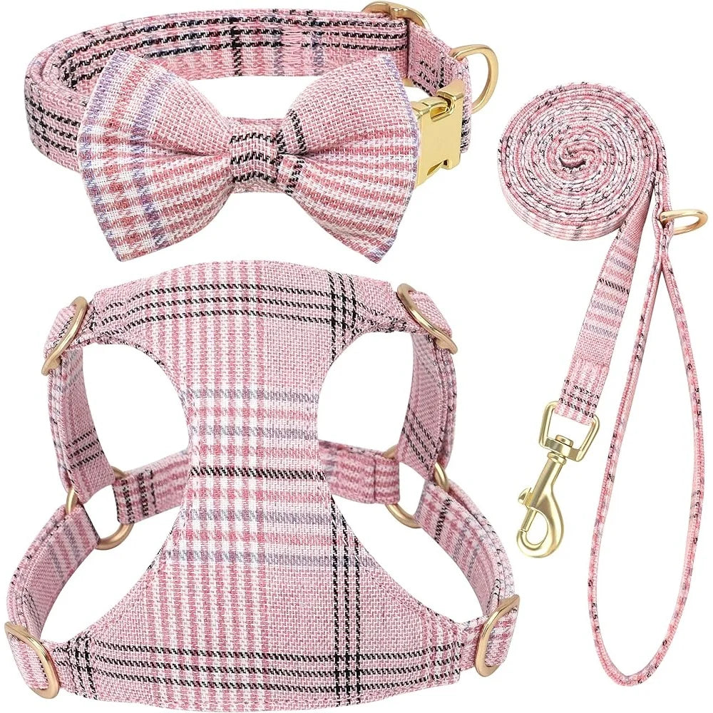 Fujian Dog Harness Leash Set Plaid Design For Walks
