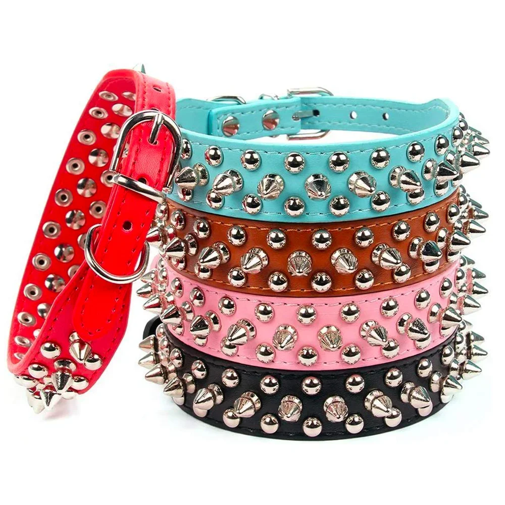 NONECN Adjustable Leather Dog Collar With Rivet Spikes