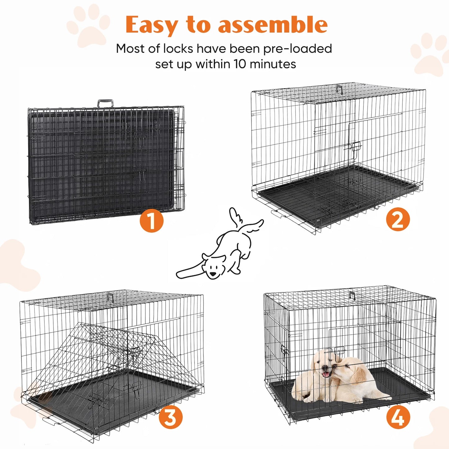 JHK Double Door Folding Metal Wire Dog Cage With Leak Tray