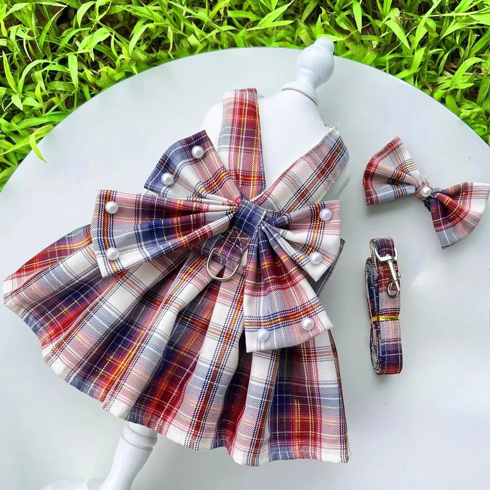 NONECN JK-Style Checkered Pet Dress With Bow Tie Harness