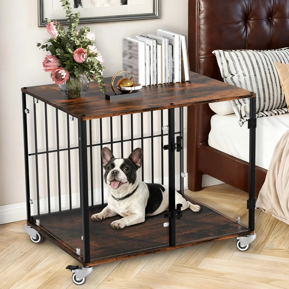BORWART Rustic Wooden Dog Crate End Table With Tempered Glass