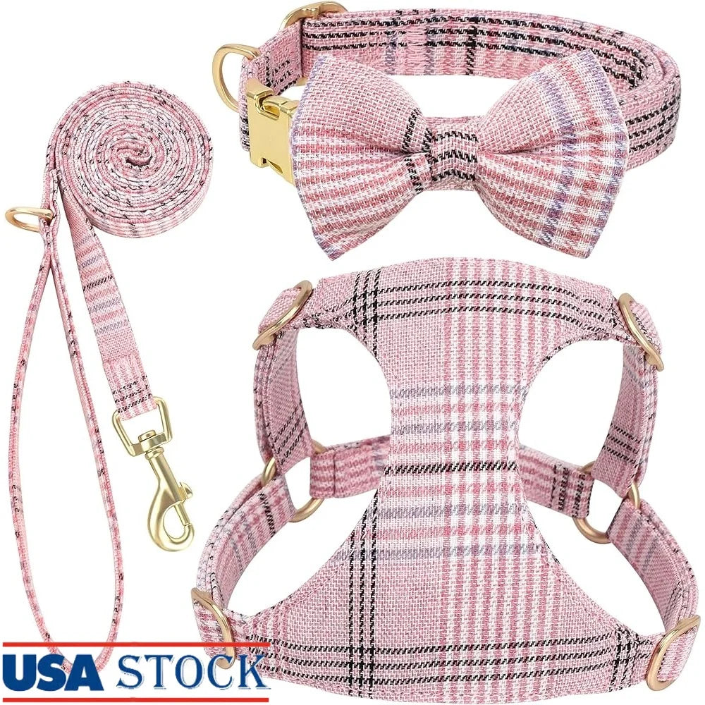 Fujian Dog Harness Leash Set Plaid Design For Walks