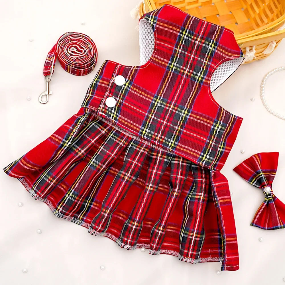 NONECN JK-Style Checkered Pet Dress With Bow Tie Harness