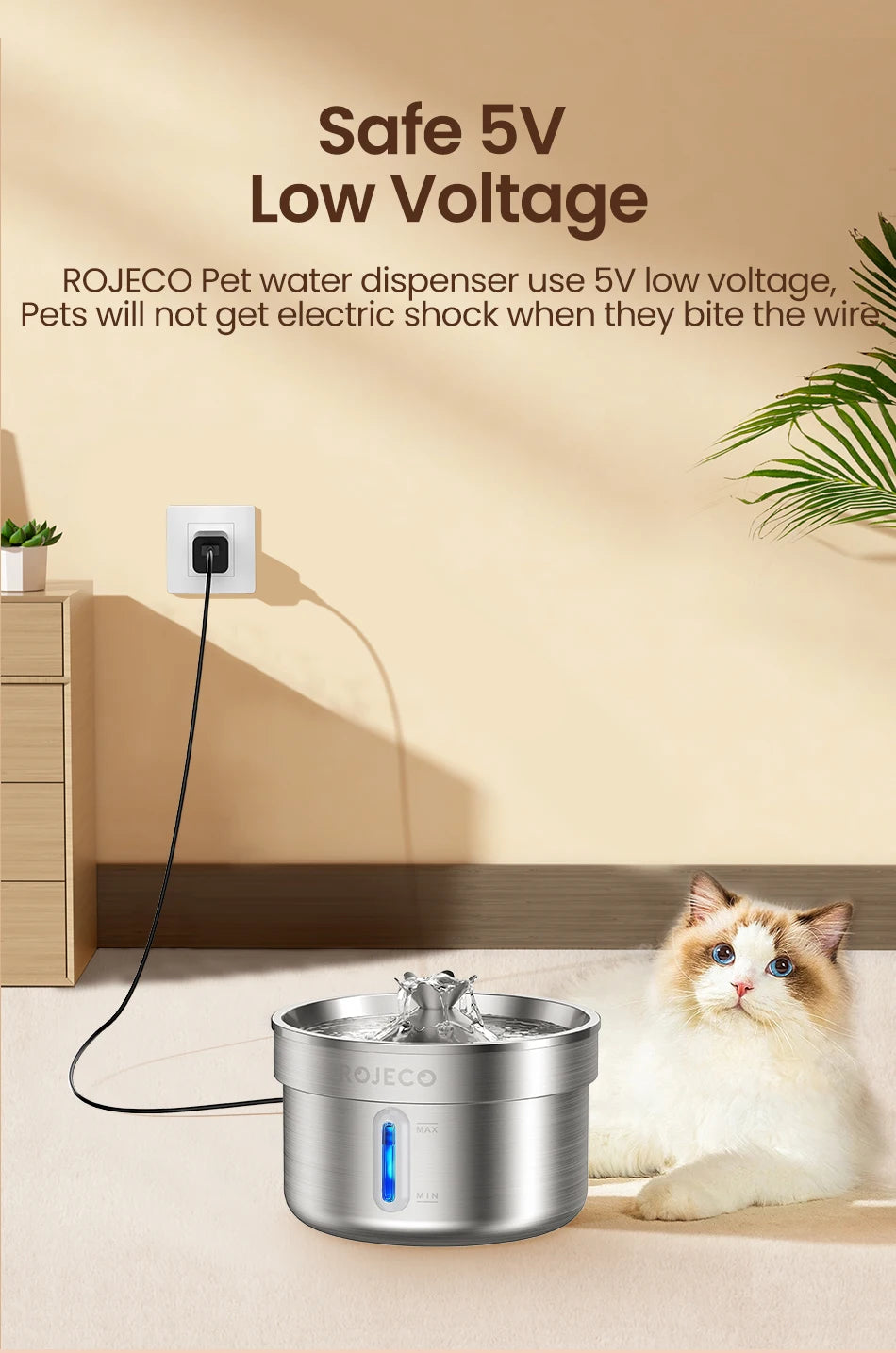 ROJECO Stainless Steel Cat Water Fountain Automatic Pet Drinker Rechargeable