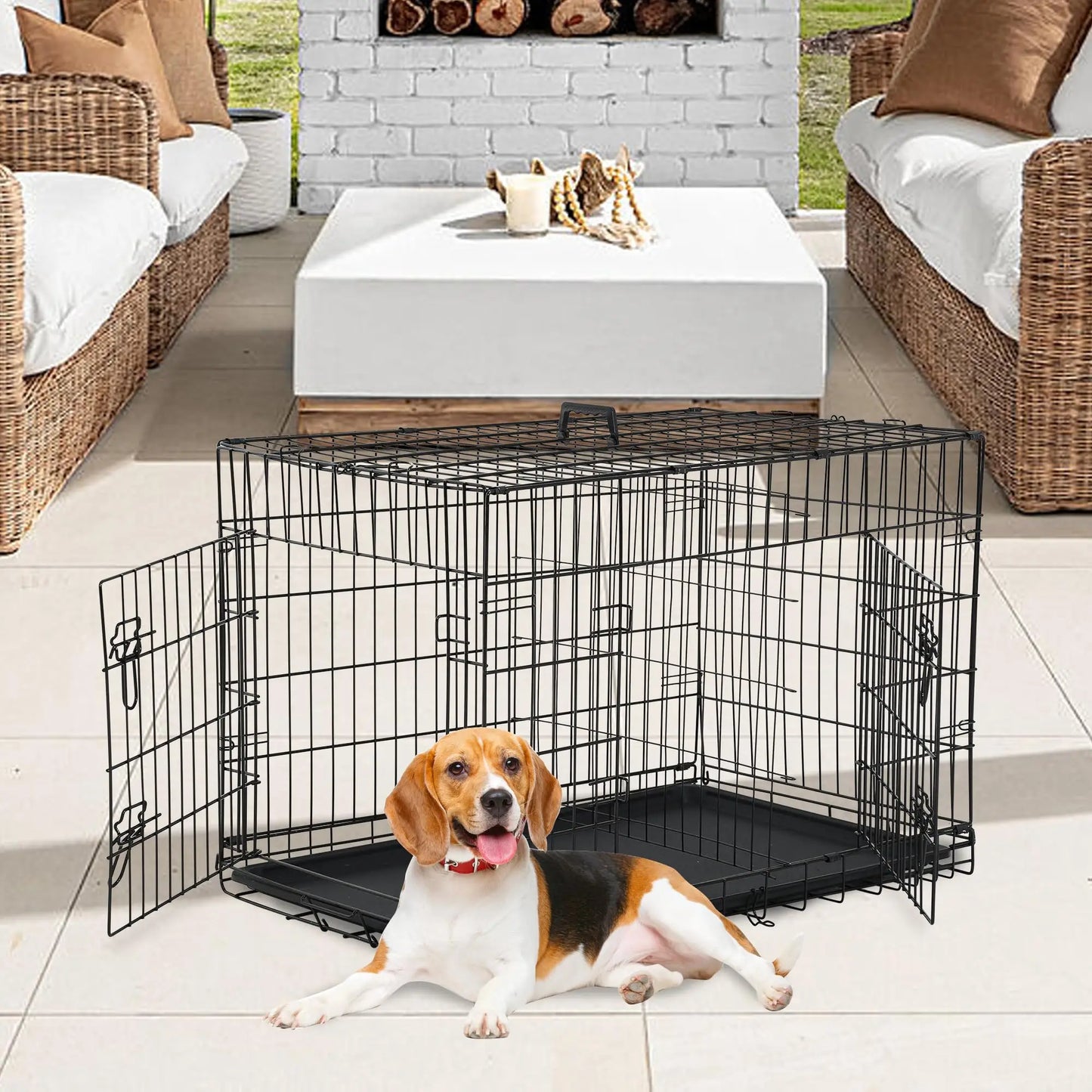 Durable Folding Dog Crate With Double Door Kennel Tray Divider