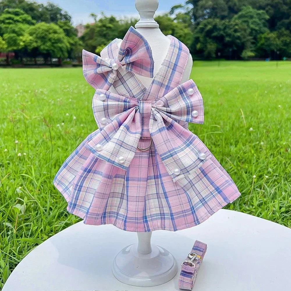 NONECN JK-Style Checkered Pet Dress With Bow Tie Harness