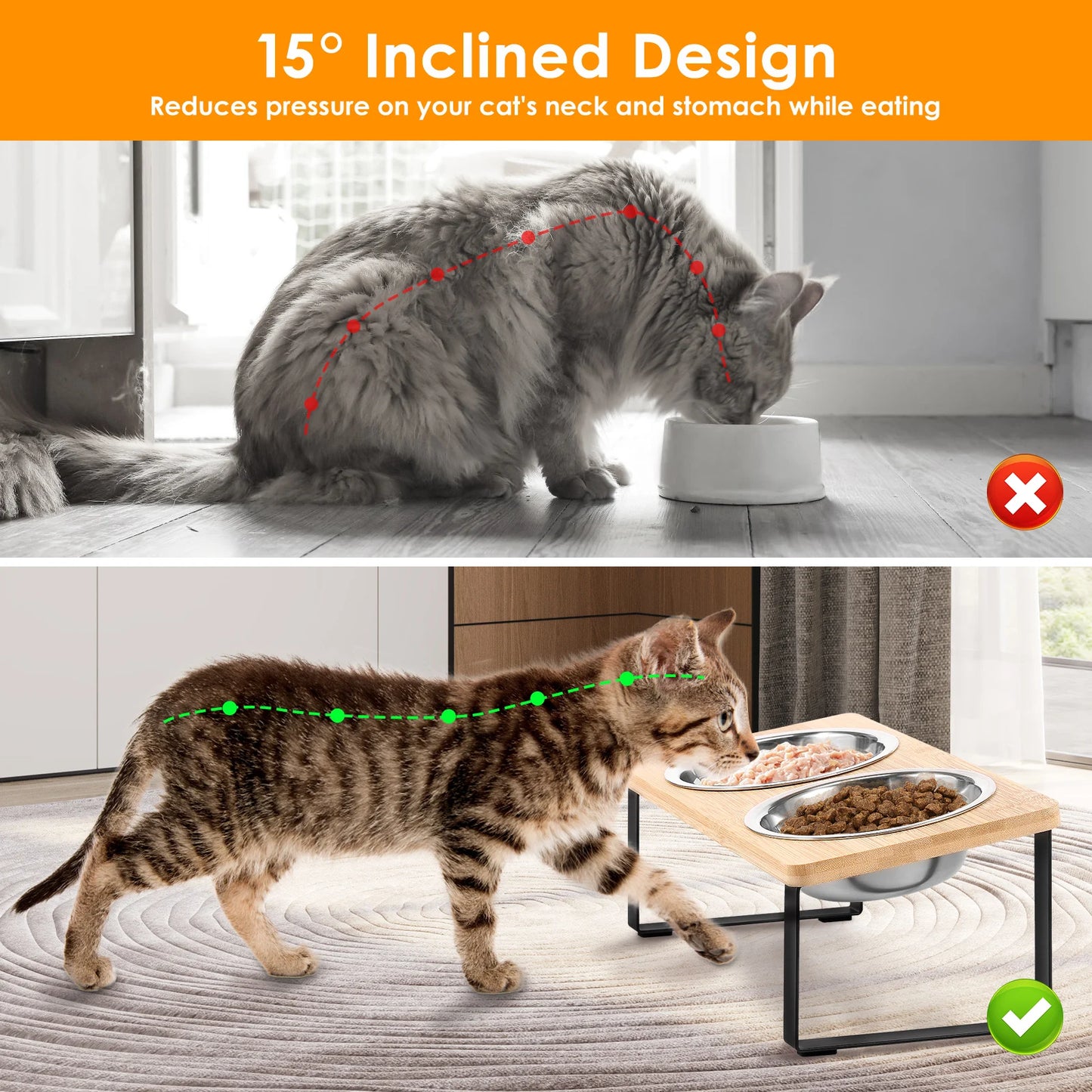 Choice Elevated Cat Bowl Stand Tilted Wood With Bowls