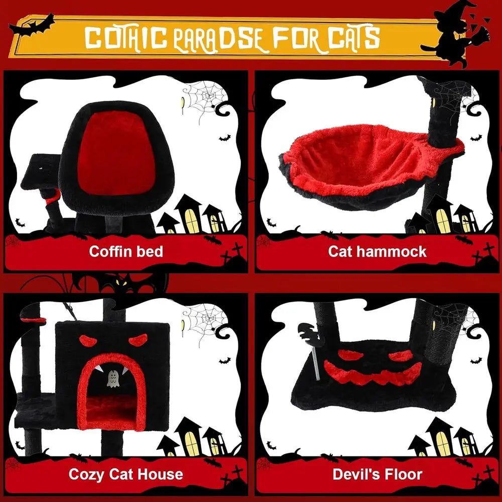 Gothic Cat Tree With Coffin Bed Scratching Post Hammock Toys