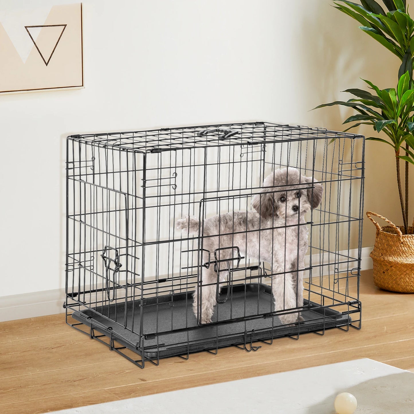 JHK Double Door Folding Wire Dog Cage Leak Proof Pan