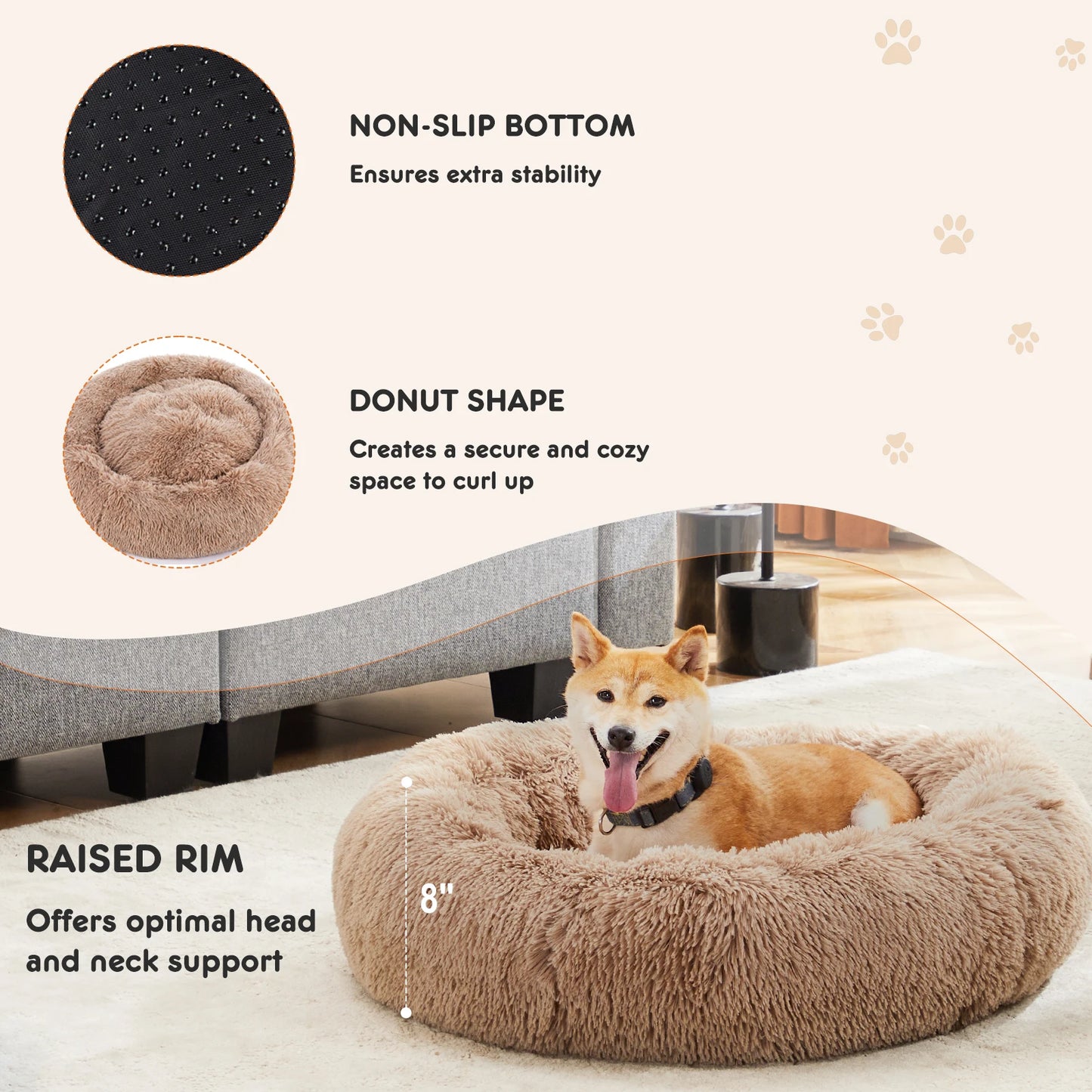 JHK Calming Dog Bed Washable Plush Round Faux Fur Cozy