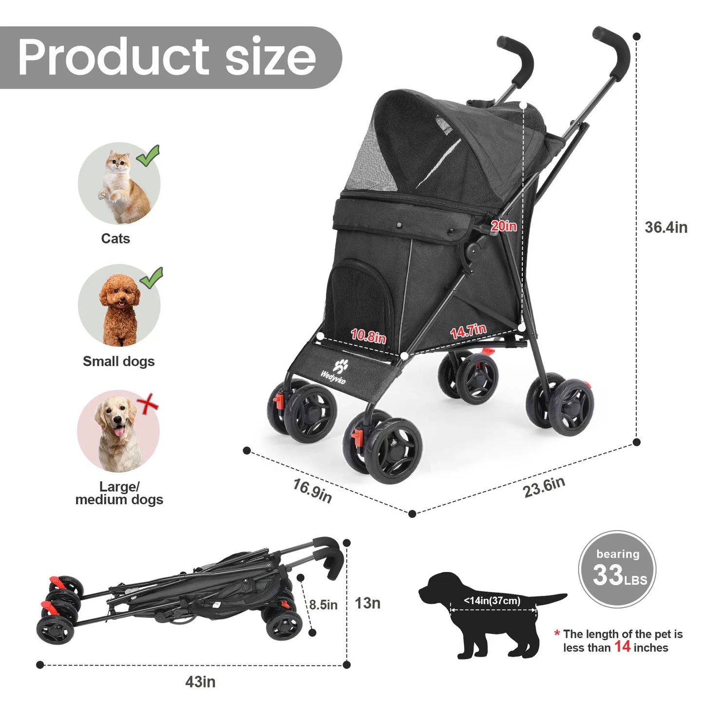 Wedyvko Dog Stroller 4-Wheel With Brakes And Storage For Pets