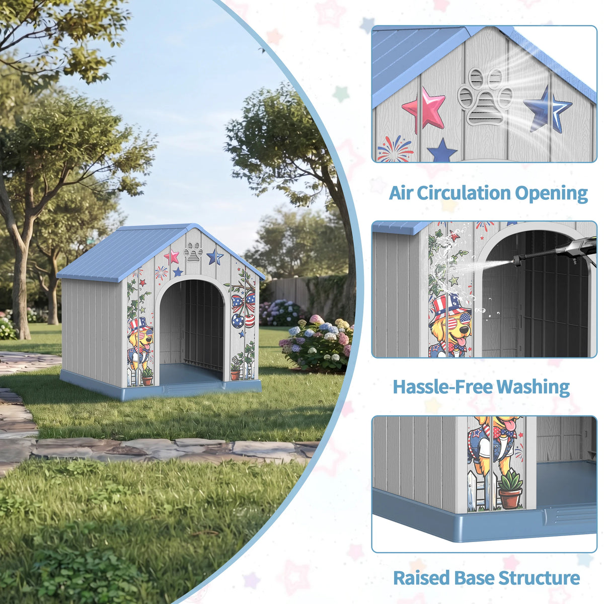 Outdoor Weatherproof Plastic Dog House with Printed Door