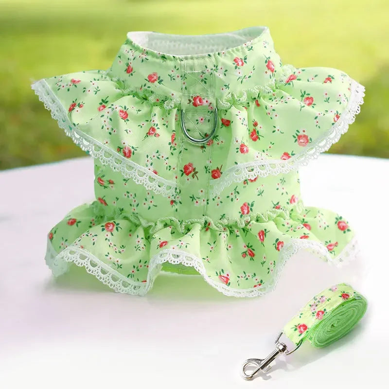 Dog Cat Harness Leash Set Adjustable Floral Printed Lace Vest