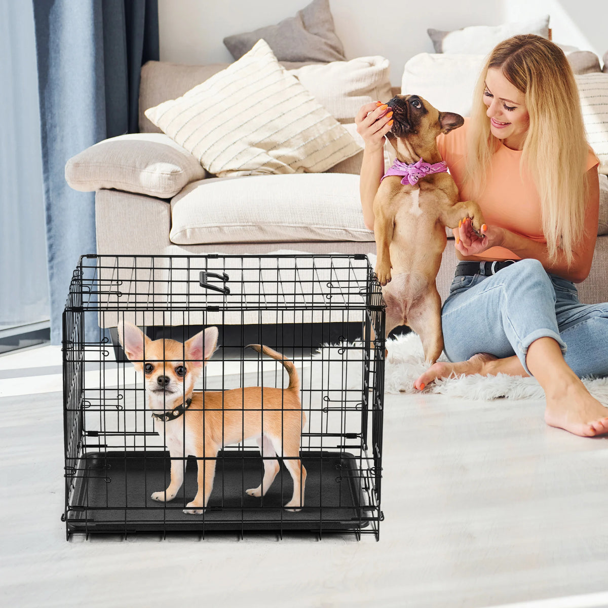 JHK 30 Inch Single Door Folding Wire Metal Dog Kennel with Pan Tray