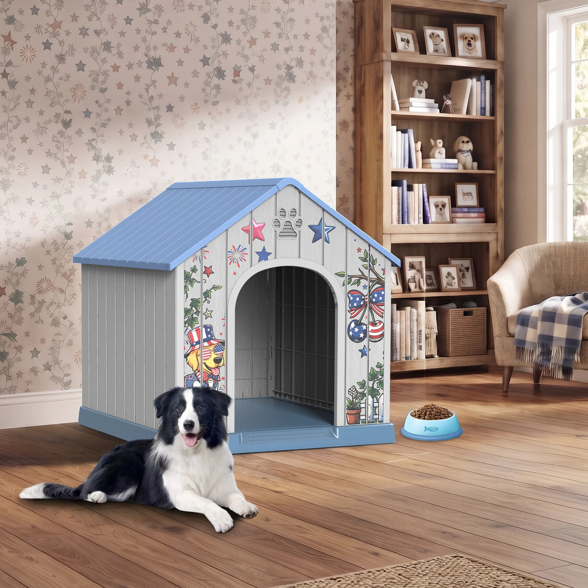 Outdoor Weatherproof Plastic Dog House with Printed Door