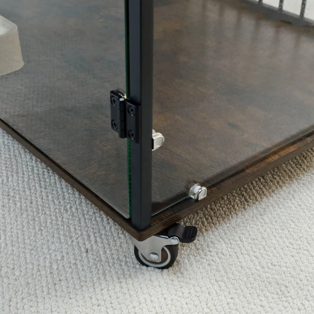 BORWART Rustic Wooden Dog Crate End Table With Tempered Glass
