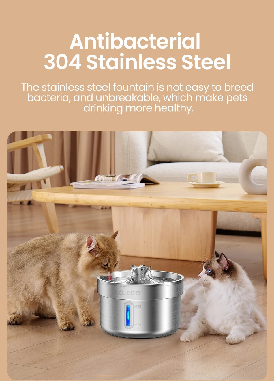 ROJECO Stainless Steel Cat Water Fountain Automatic Pet Drinker Rechargeable
