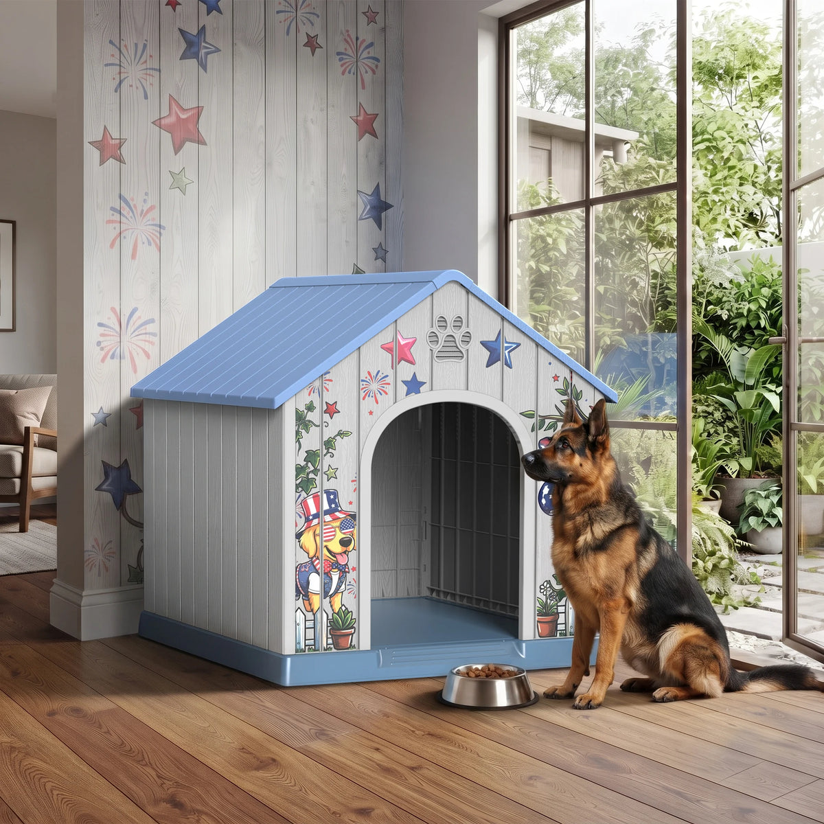 Outdoor Weatherproof Plastic Dog House with Printed Door
