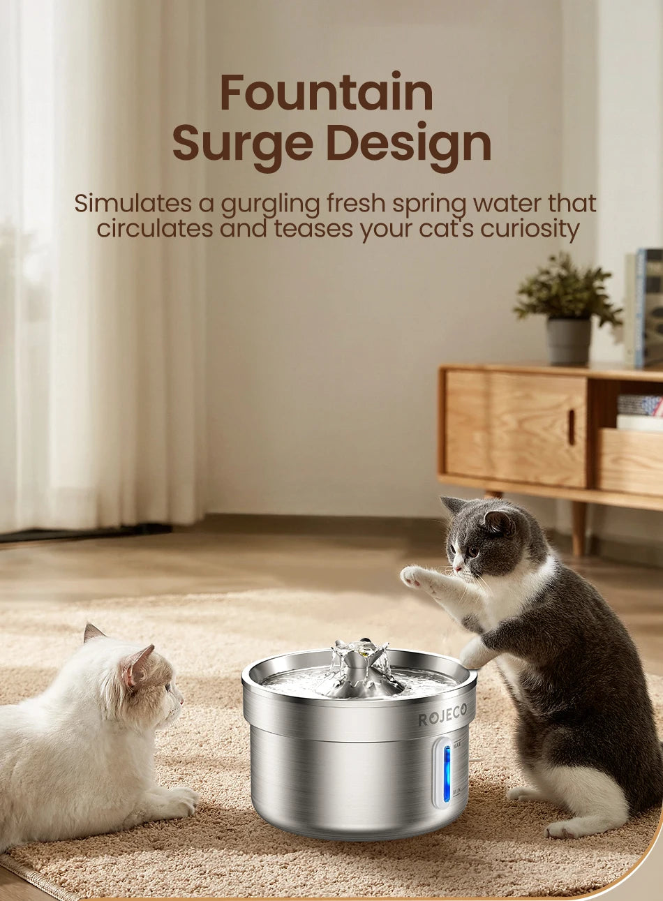 ROJECO Stainless Steel Cat Water Fountain Automatic Pet Drinker Rechargeable