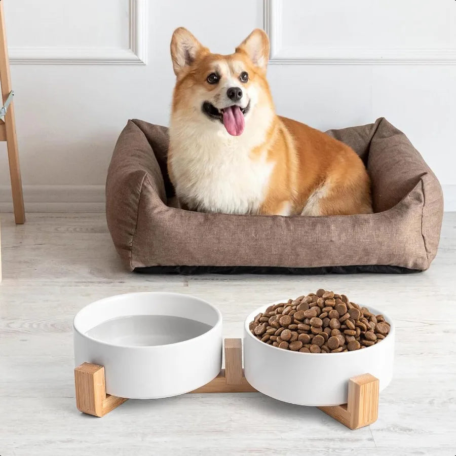 Hign Concerned Ceramic Dog Cat Bowl Set With Wooden Stand