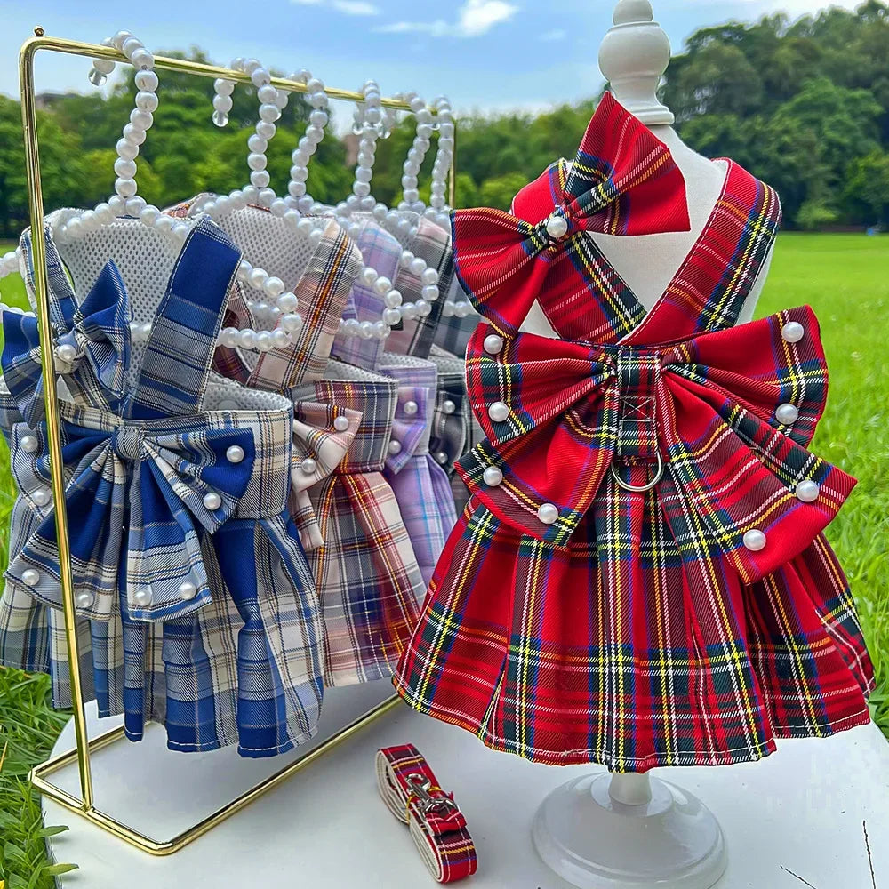 NONECN JK-Style Checkered Pet Dress With Bow Tie Harness