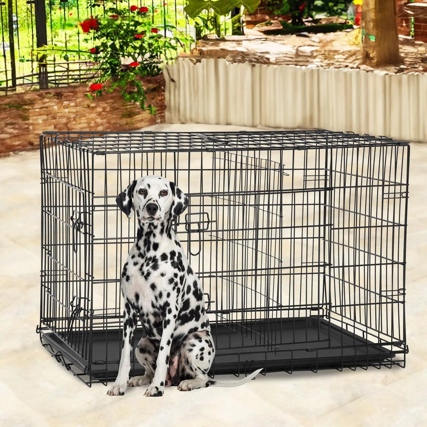 Foldable Dog Crate With Double Doors And Leakproof Tray