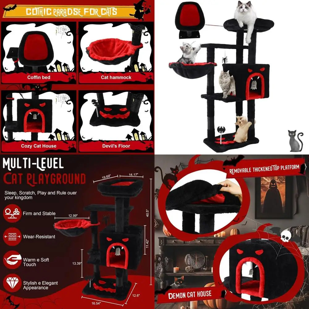 Gothic Cat Tree With Coffin Bed Scratching Post Hammock Toys