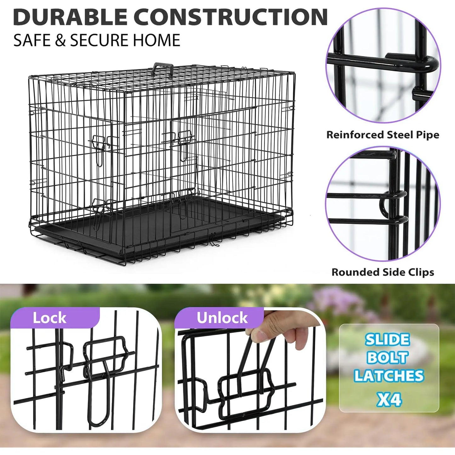Foldable Dog Crate With Double Doors And Leakproof Tray