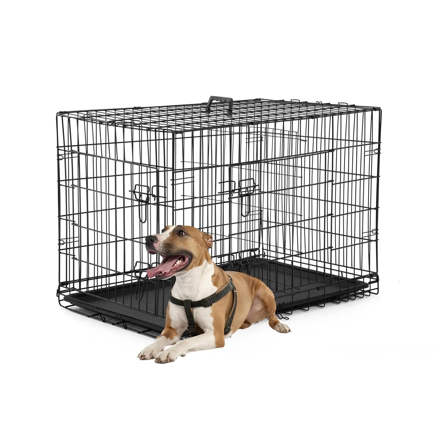 Durable Folding Dog Crate With Double Door Kennel Tray Divider