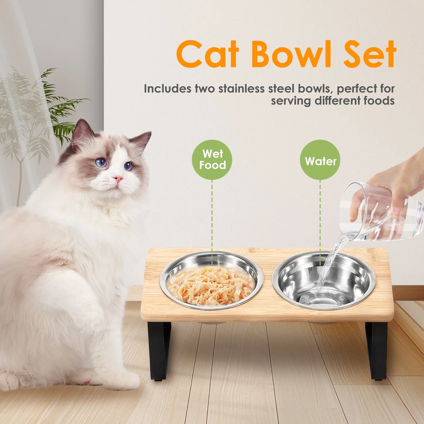 Choice Elevated Cat Bowl Stand Tilted Wood With Bowls