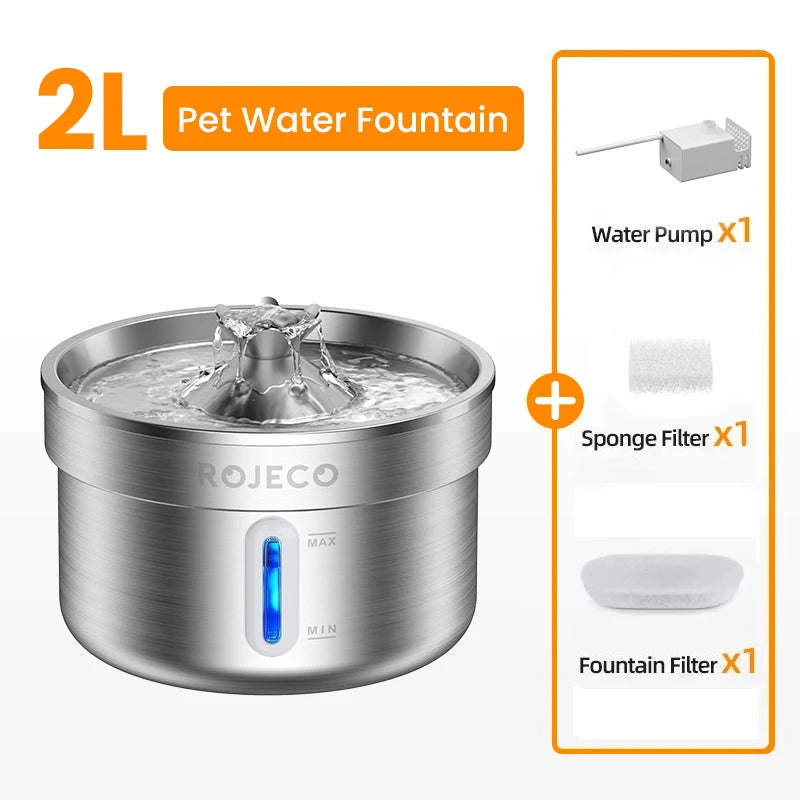 ROJECO Stainless Steel Cat Water Fountain Automatic Pet Drinker Rechargeable