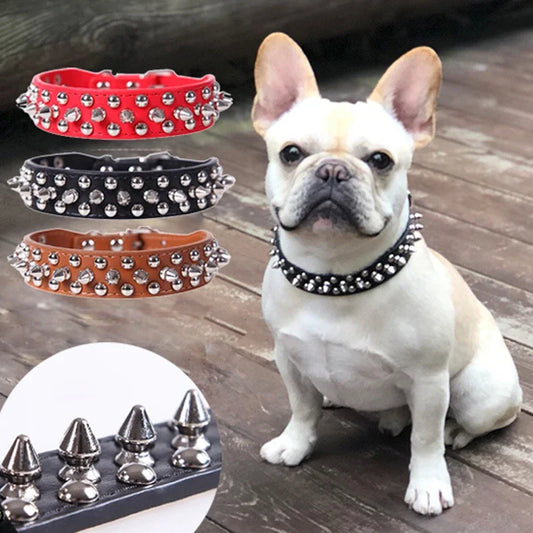 NONECN Adjustable Leather Dog Collar With Rivet Spikes