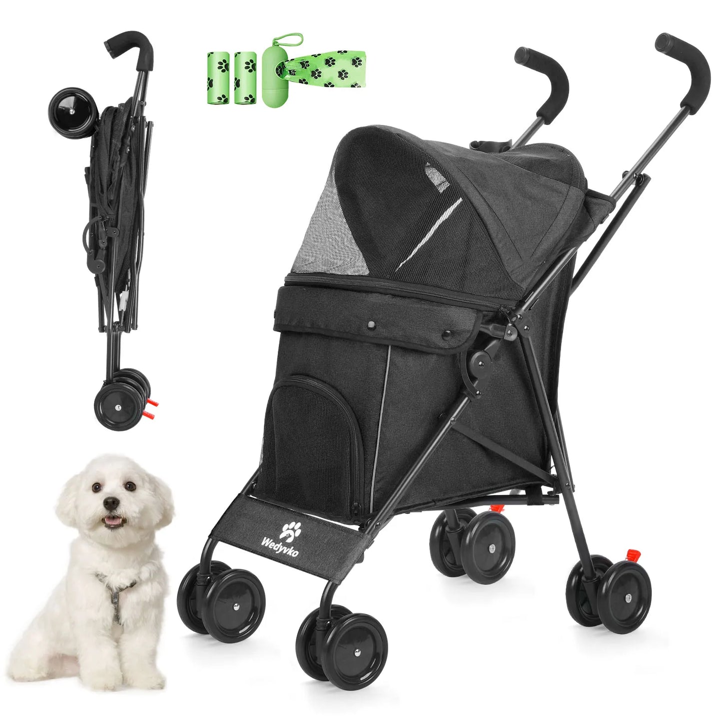 Wedyvko Pet Dog Stroller Four Wheel With Brakes And Storage
