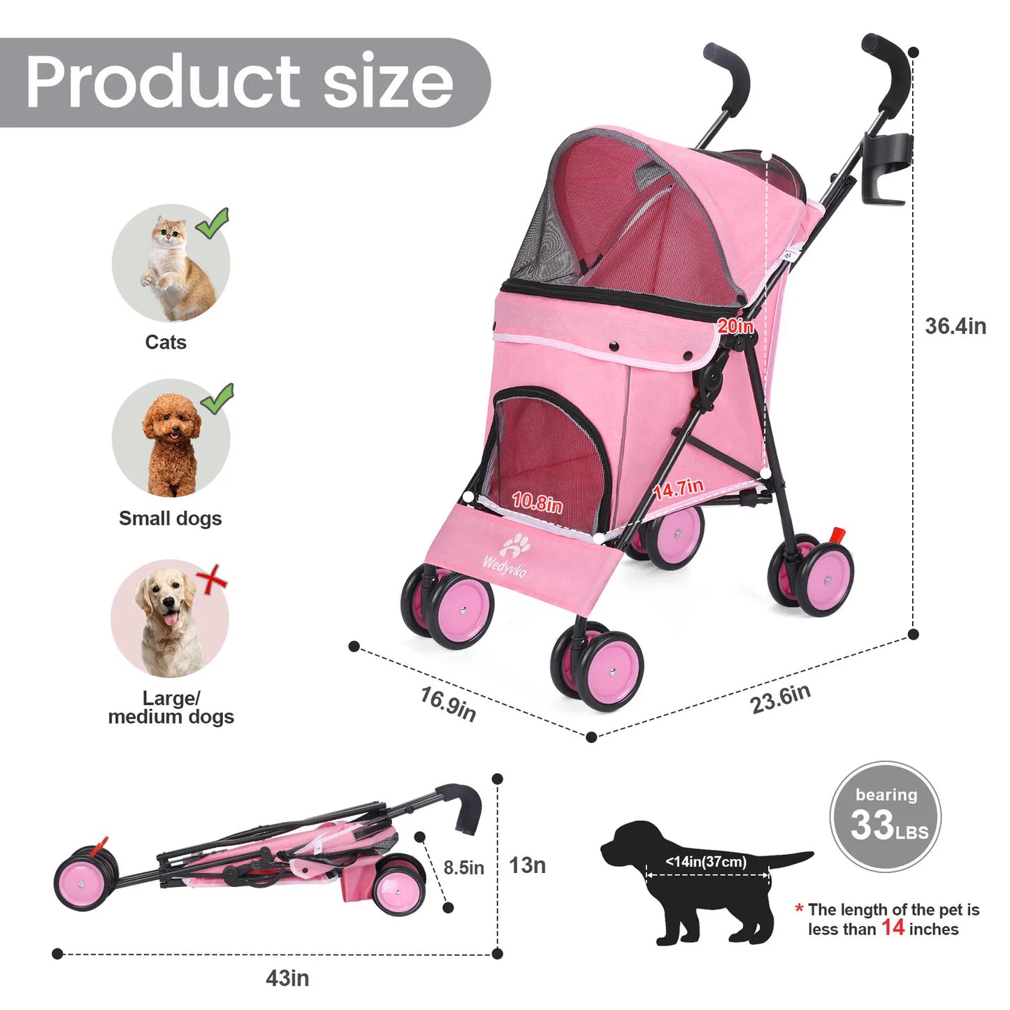 Wedyvko Pet Dog Stroller Four Wheel With Brakes And Storage
