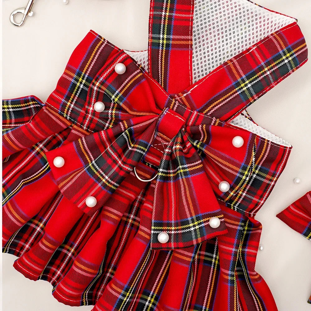 NONECN JK-Style Checkered Pet Dress With Bow Tie Harness