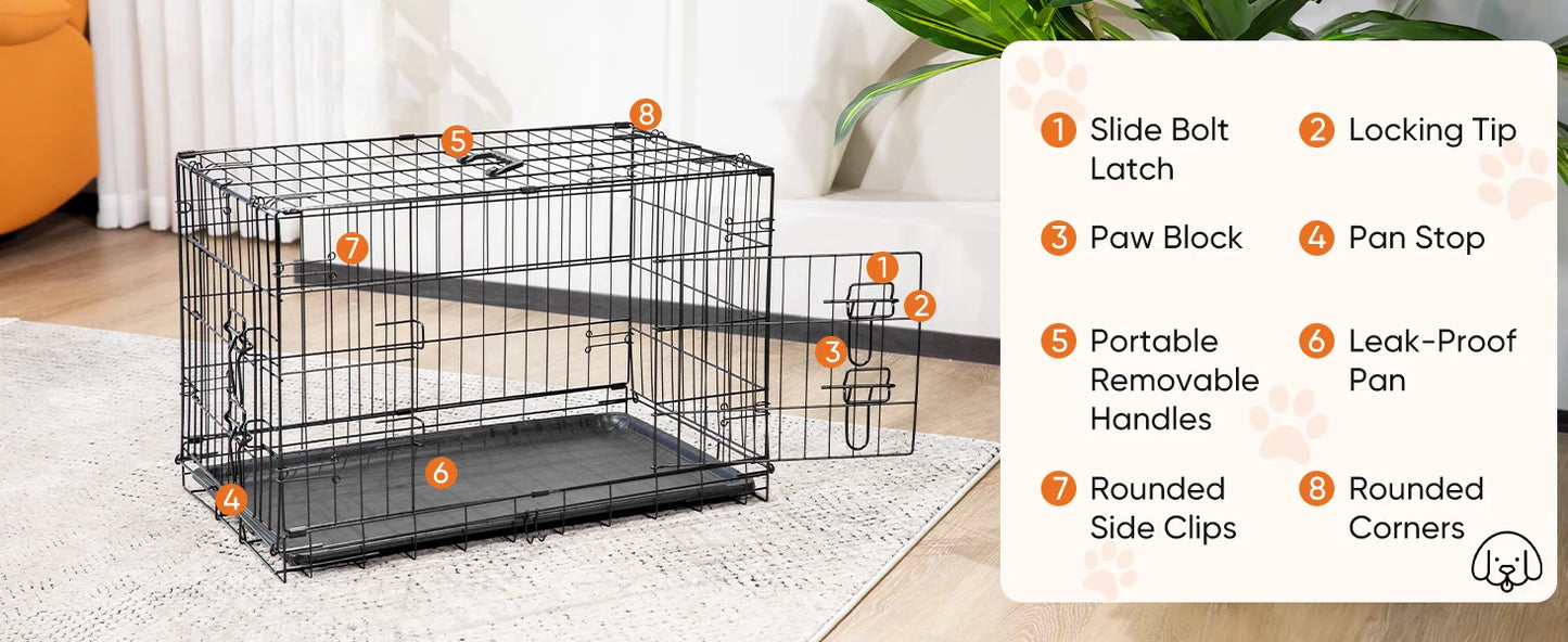 JHK Double Door Folding Metal Wire Dog Cage With Leak Tray
