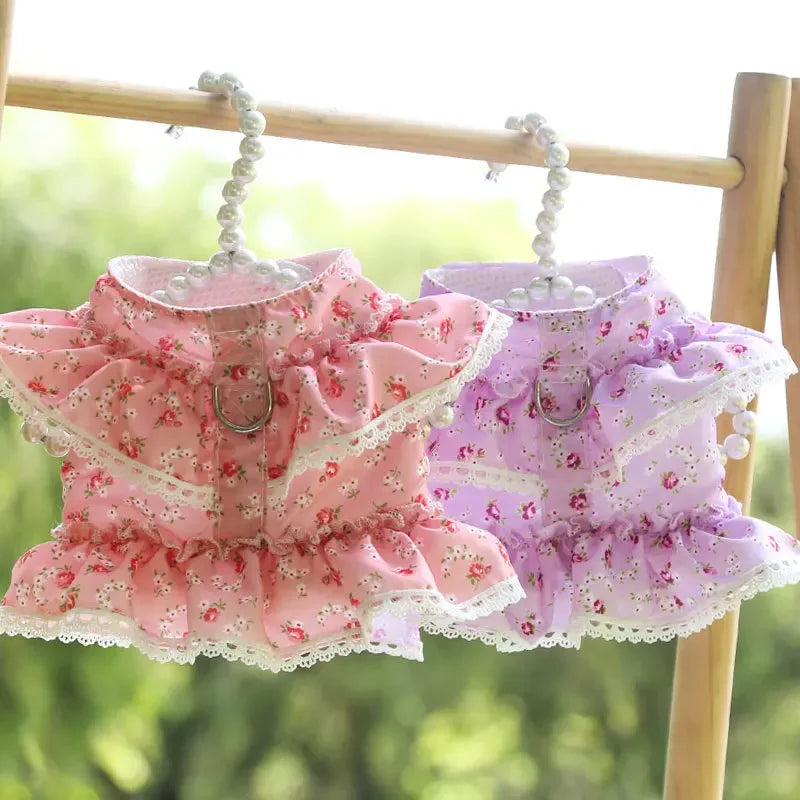 Dog Cat Harness Leash Set Adjustable Floral Printed Lace Vest