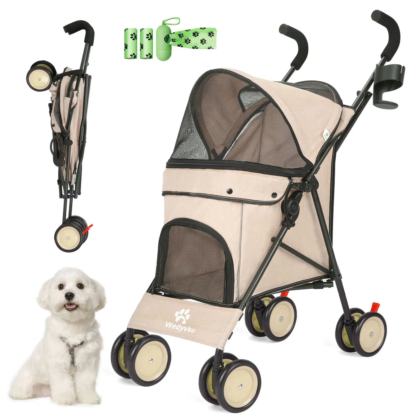Wedyvko Pet Dog Stroller Four Wheel With Brakes And Storage