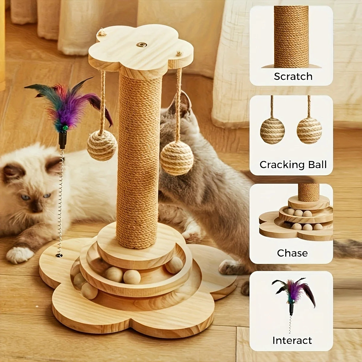 Cat Scratch Board Rotating Platform Wooden Fiber Chew Toy Stand