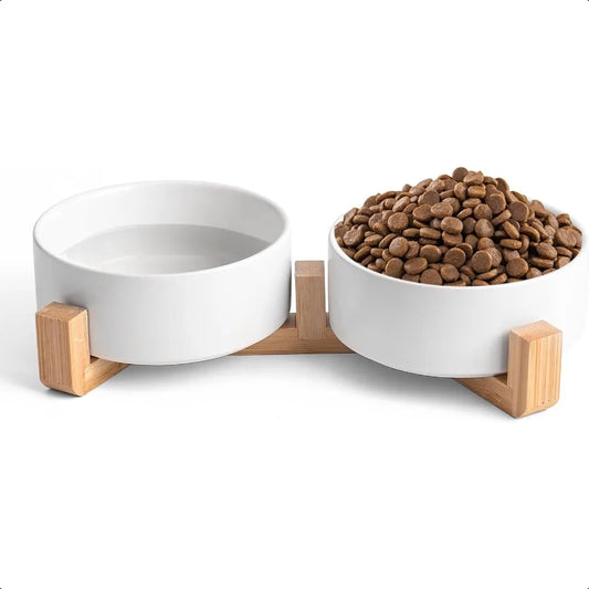 Hign Concerned Ceramic Dog Cat Bowl Set With Wooden Stand