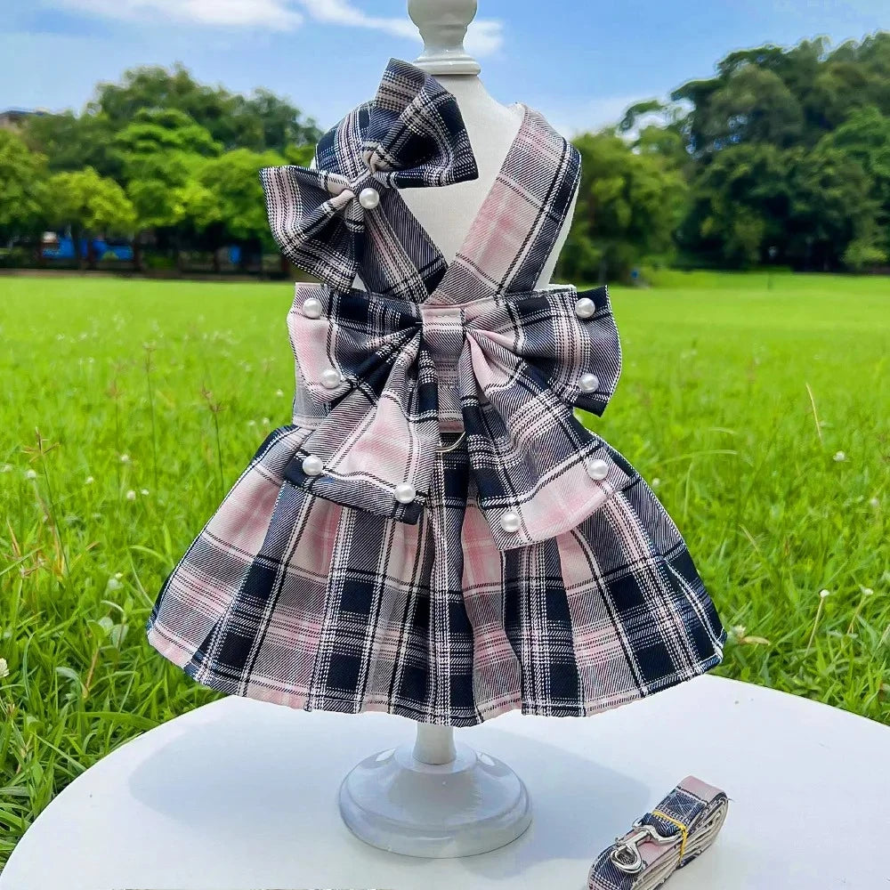 NONECN JK-Style Checkered Pet Dress With Bow Tie Harness