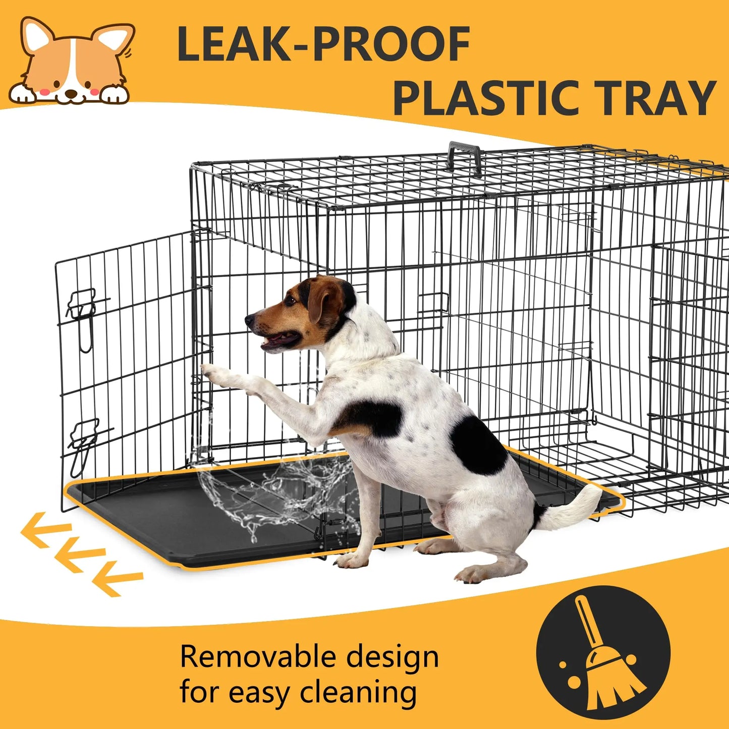 Durable Folding Dog Crate With Double Door Kennel Tray Divider